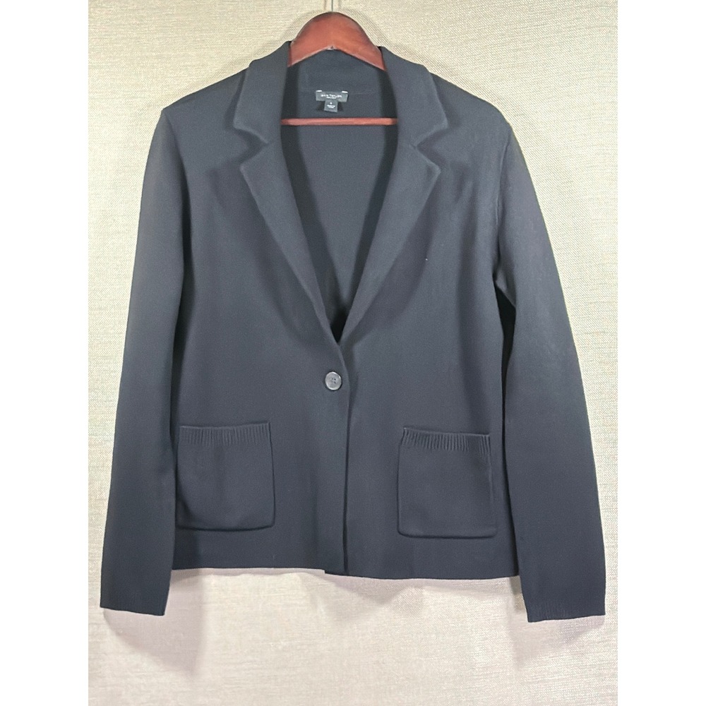 Ann Taylor Factory Knit Blazer Womens L Black Excellent Cotton Single Button‎